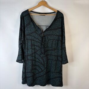 Arna York Tunic Top Women 22/24 Black Teal Leopard Half Zip 3/4 Sleeve